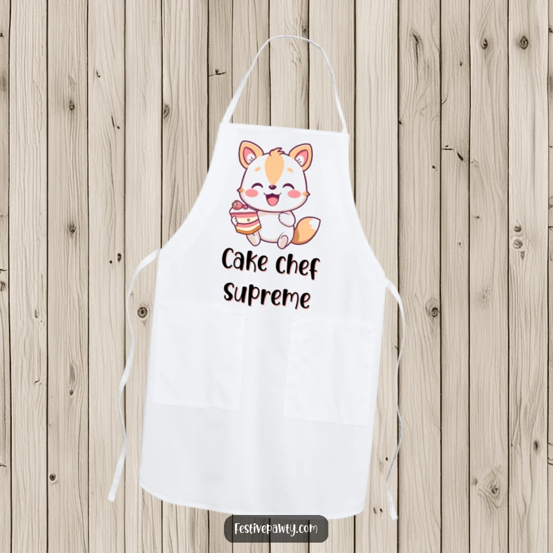 Funny cooking apron with an enthusiastic animal character happily holding a slice of cake, ideal for bakers.