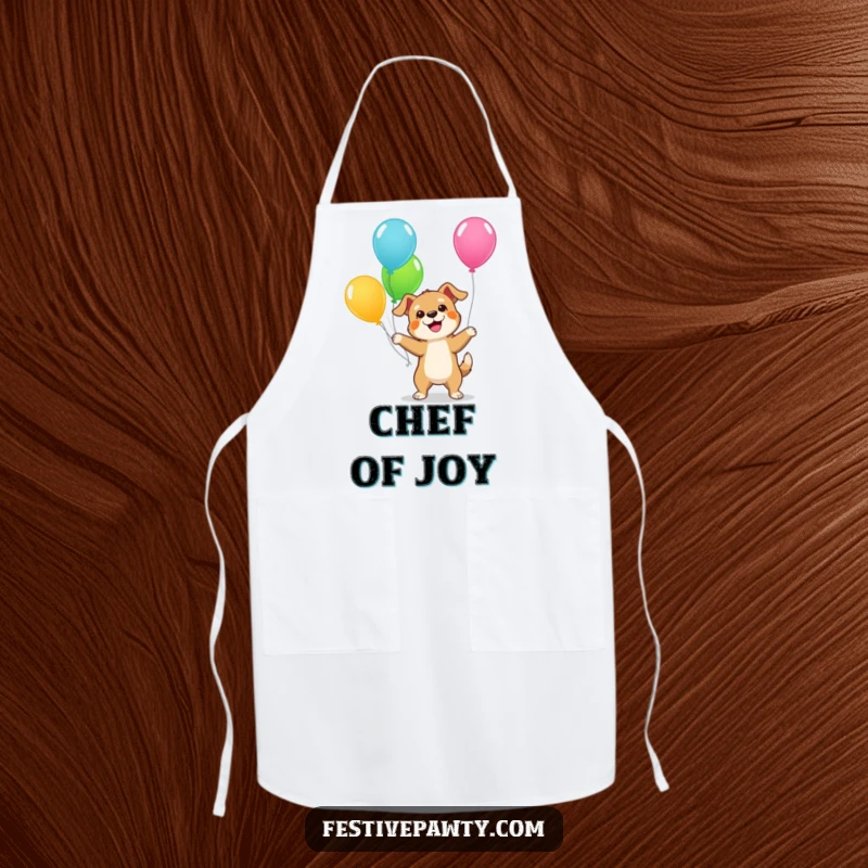 Funny Dog Apron: A practical kitchen accessory featuring a giddy dog juggling colorful balloons, perfect for playful cooking and baking sessions.