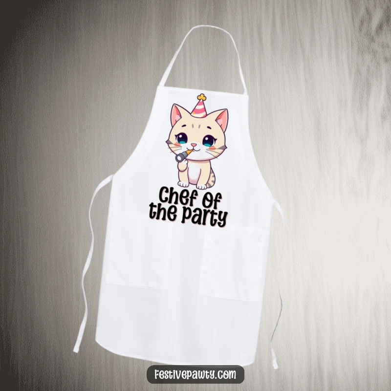 Funny Cat Apron: A practical kitchen accessory featuring a cheerful cat wearing a party hat and blowing a noisemaker, perfect for festive cooking.