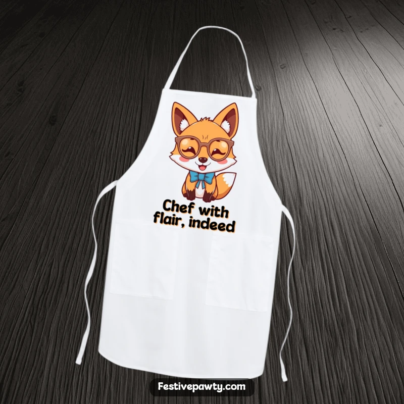 Funny joyful fox apron with a dapper fox wearing novelty glasses and a bow tie, perfect for kitchen charm.