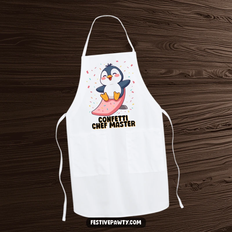 Funny Apron: A giggling penguin character enjoying a confetti slide, adding humor and fun to any cooking or baking session.