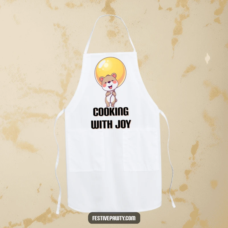 Funny animal character apron holding a large, colorful balloon, perfect for festive cooking.