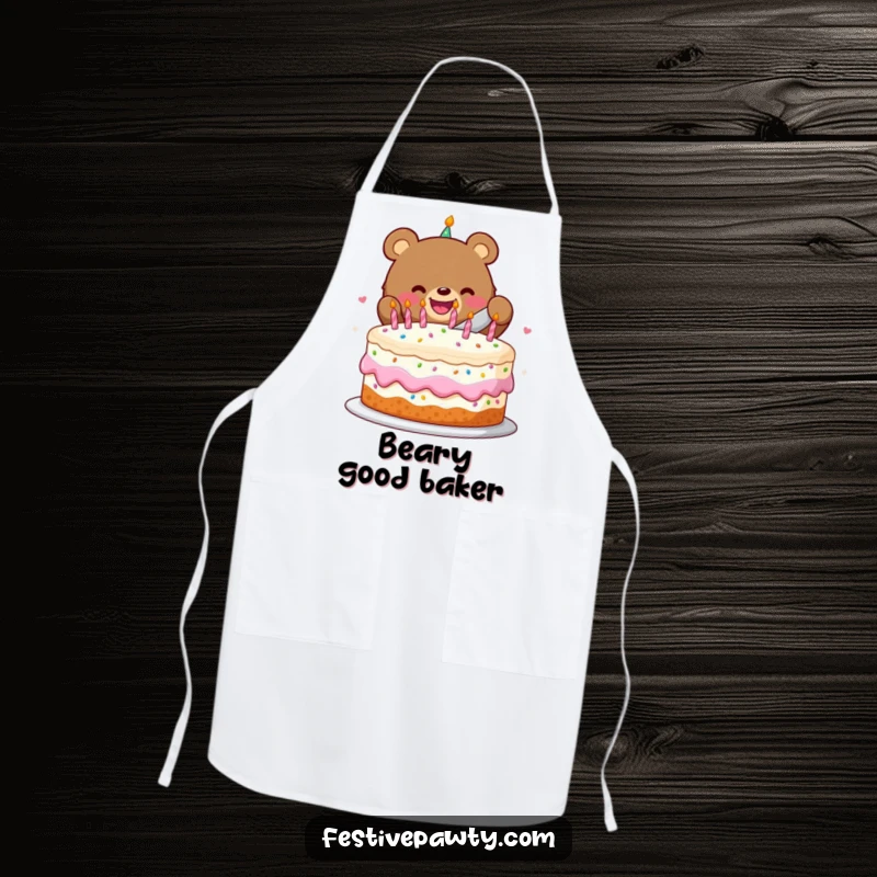 Funny apron featuring a happy bear slicing a large birthday cake, designed for chefs who love to celebrate.