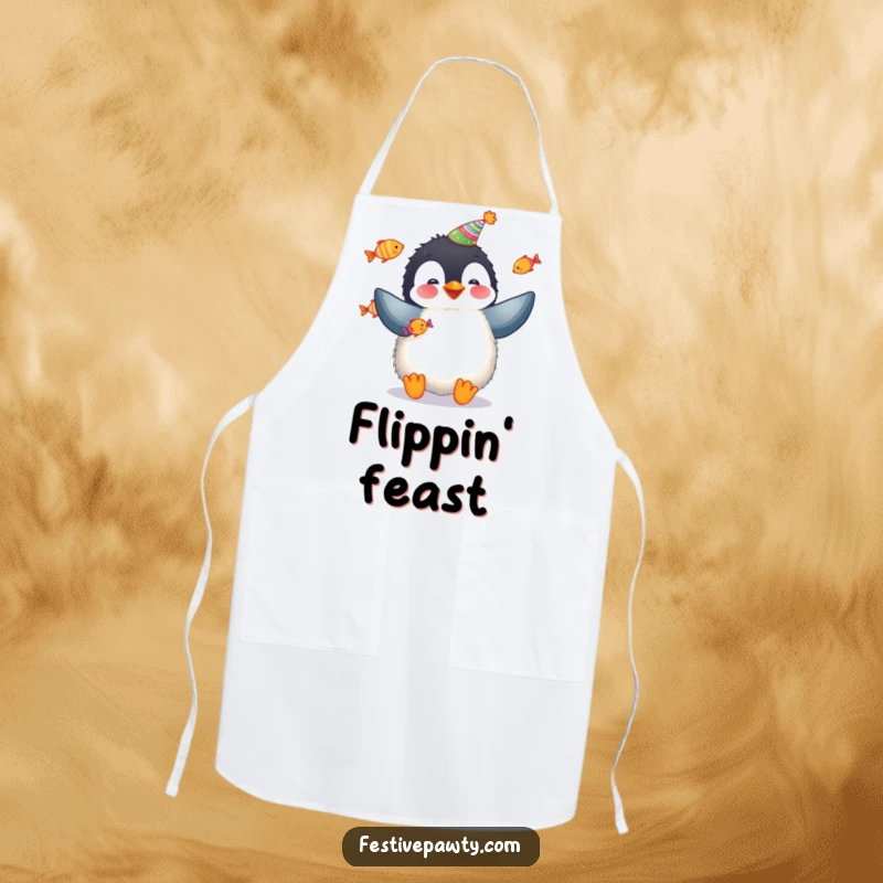 Funny penguin apron showing a fluffy penguin juggling colorful fish, perfect for kitchen humor.