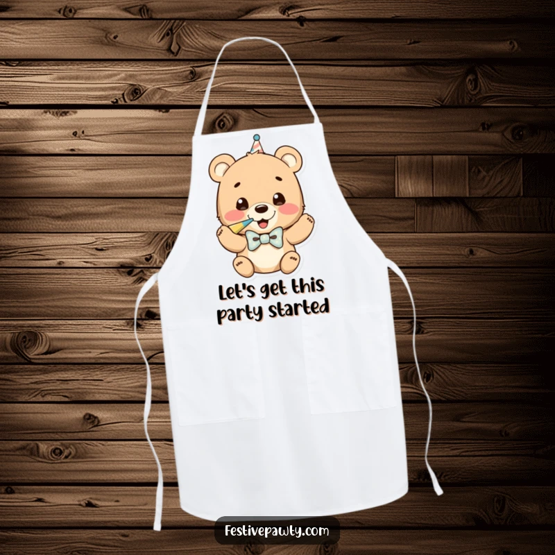 Funny apron showcasing a happy bear cub in a bowtie, enthusiastically blowing a party horn, ready for kitchen celebrations.
