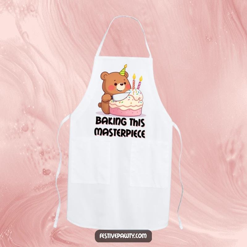 Funny apron depicting a happy bear beaming while cutting a giant birthday cake, adding a humorous touch to cooking.