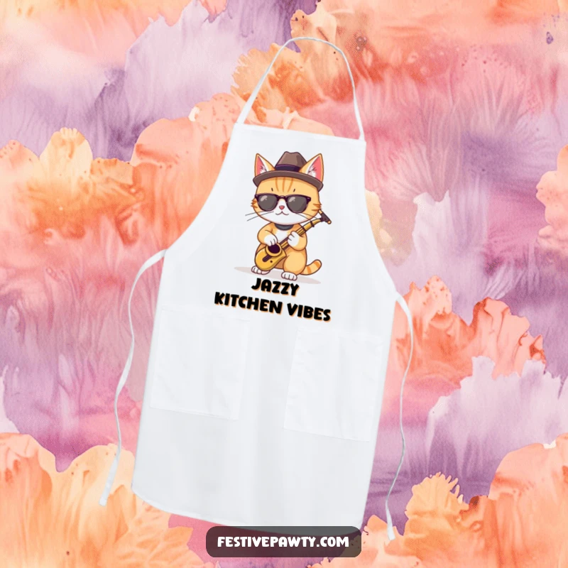 Funny apron featuring a cool cat in a fedora, playing a miniature saxophone, a stylish kitchen gift.