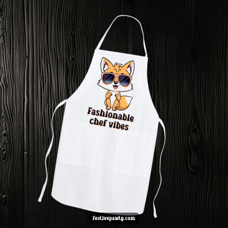 Funny apron depicting a giggling fox wearing oversized sunglasses, striking a diva pose while cooking, adding flair to the kitchen.