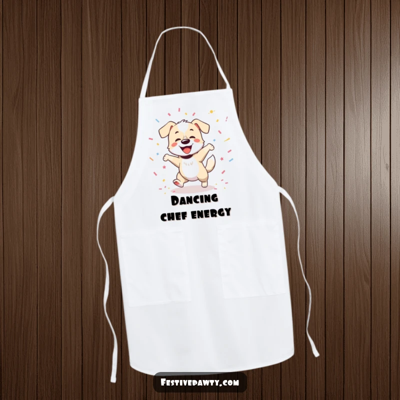 Funny apron depicting a happy dog dancing while cooking, tail wagging amidst confetti, adding a humorous touch to kitchen activities.