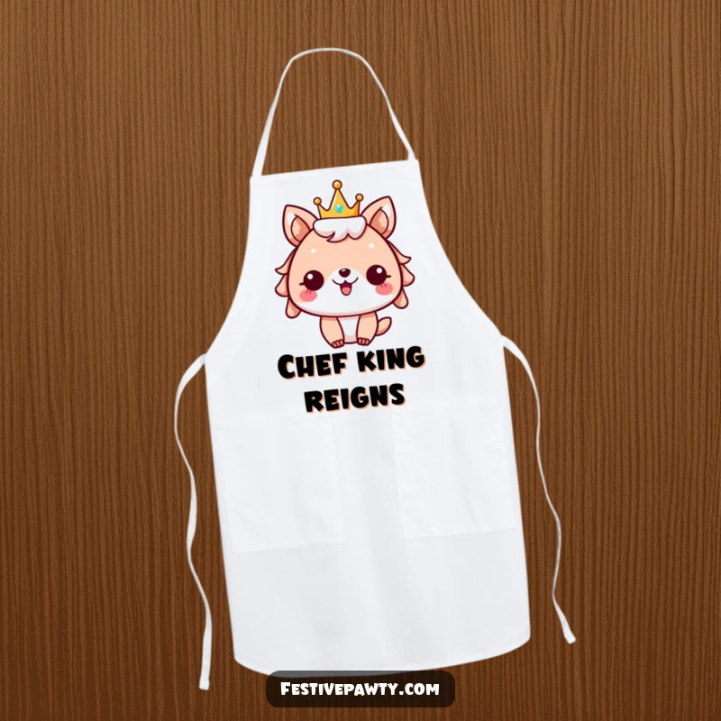 Funny festive animal apron, character wearing a sparkly crown, cheering enthusiastically, ideal for festive kitchen activities.