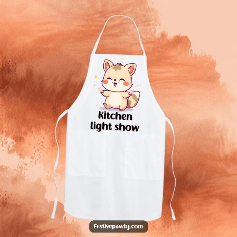 Funny kitchen apron featuring a cheerful cartoon animal juggling illuminated party lights, perfect for adding humor to cooking and baking.