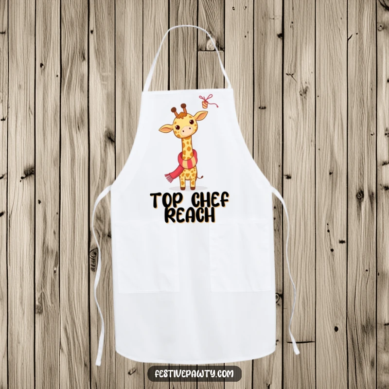 Funny Giraffe Apron: A giraffe in a festive scarf reaches for a streamer, adding festive humor to kitchen tasks.