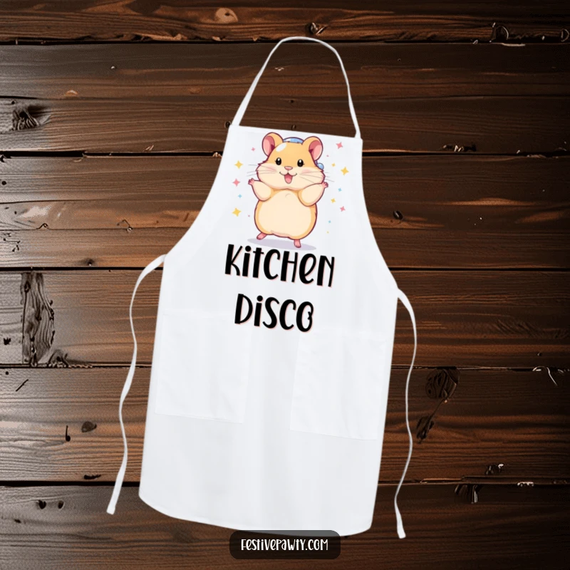 Funny Apron showcasing a playful hamster in a disco ball costume, performing a dazzling spin, adding disco flair to kitchen activities.