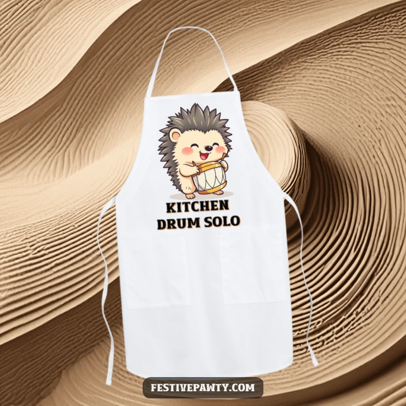 Funny hedgehog apron, enthusiastically drumming a small drum with quills, perfect for kitchen fun and humorous culinary performances.