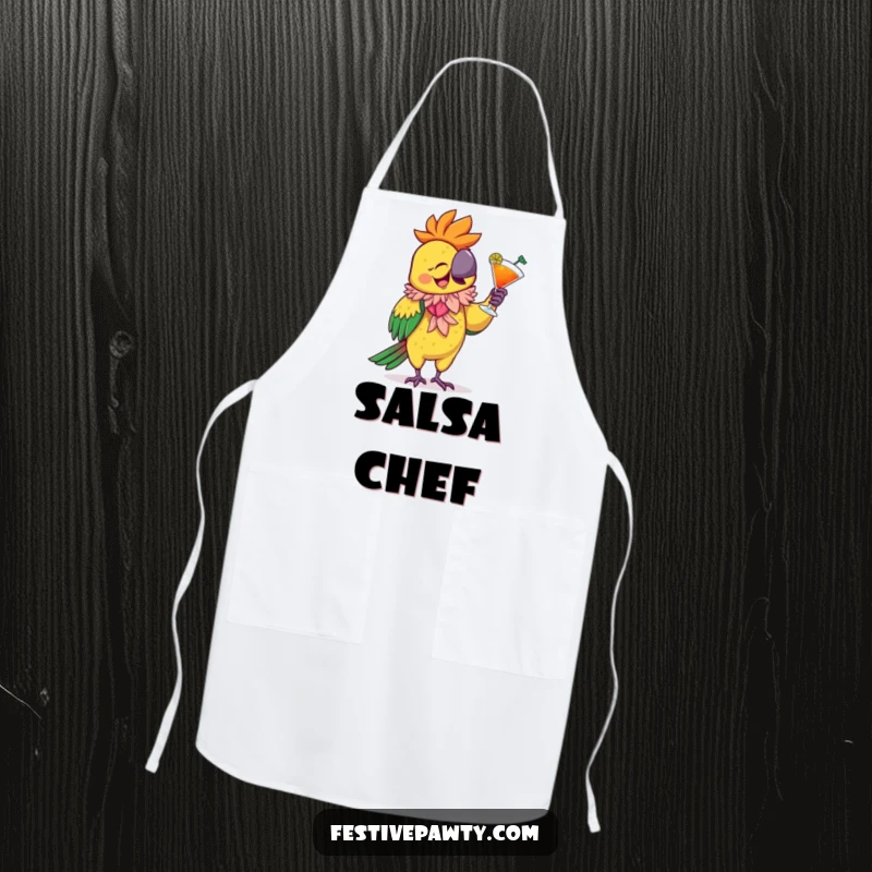 Funny Apron showcasing a giggling parrot wearing a feathered boa, dancing with a cocktail, adding festive fun to kitchen activities.