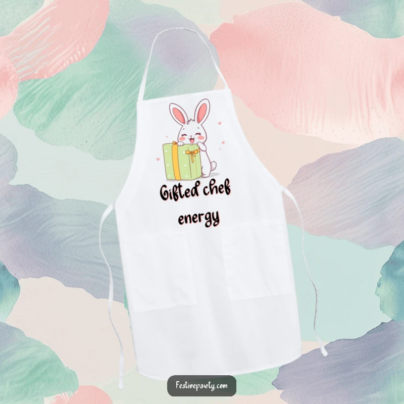 Funny Apron: A cheerful rabbit character excitedly unwrapping a massive present, perfect for kitchen fun.