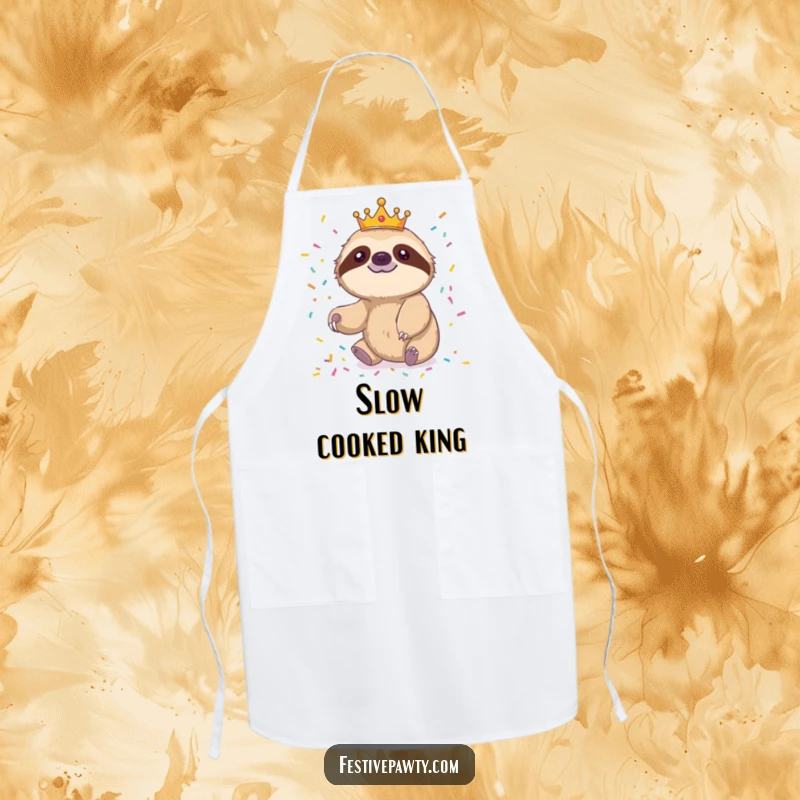 Funny sloth apron showing a crowned sloth slowly reaching for confetti, perfect for kitchen humor.