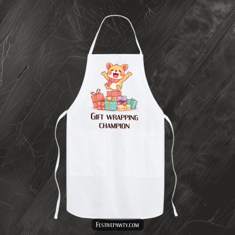 Funny kitchen apron featuring an energetic cartoon animal jumping over presents, perfect for adding humor to cooking and baking activities.