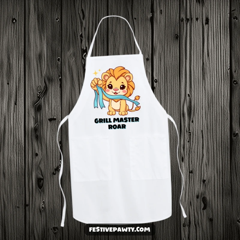 Funny Apron: A triumphant lion character holds a sparkling ribbon, bringing a sense of victory to cooking.