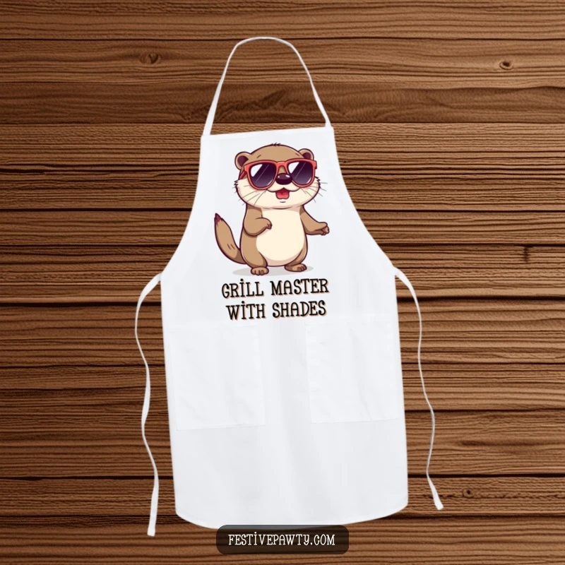 Funny apron depicting a playful otter in oversized sunglasses, performing a groovy shimmy, adding humorous style to cooking.