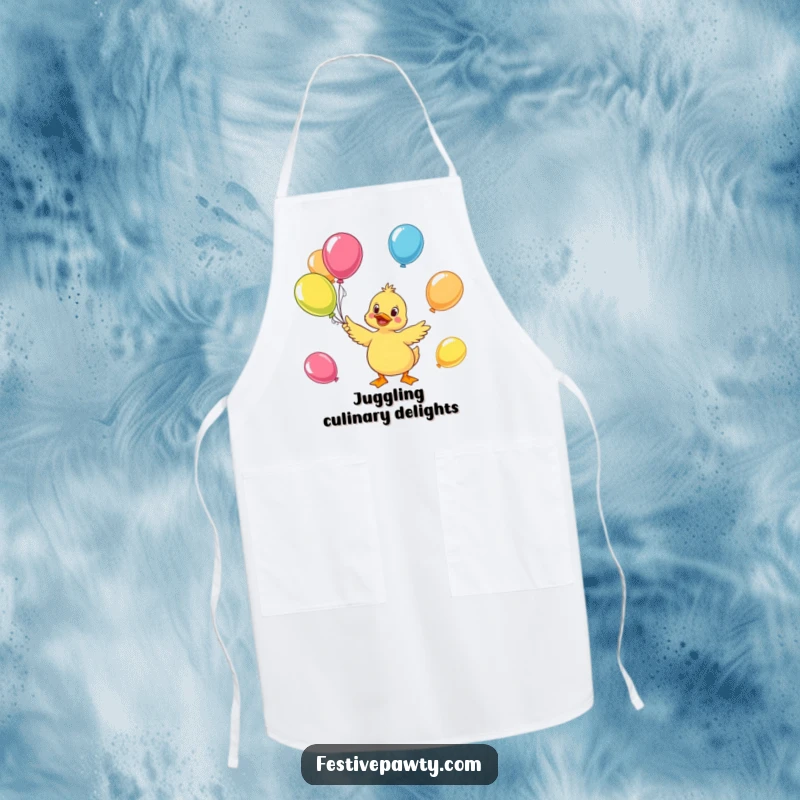 Funny duck apron showing a cheerful character juggling colorful balloons, ideal for adding humor to kitchen activities.
