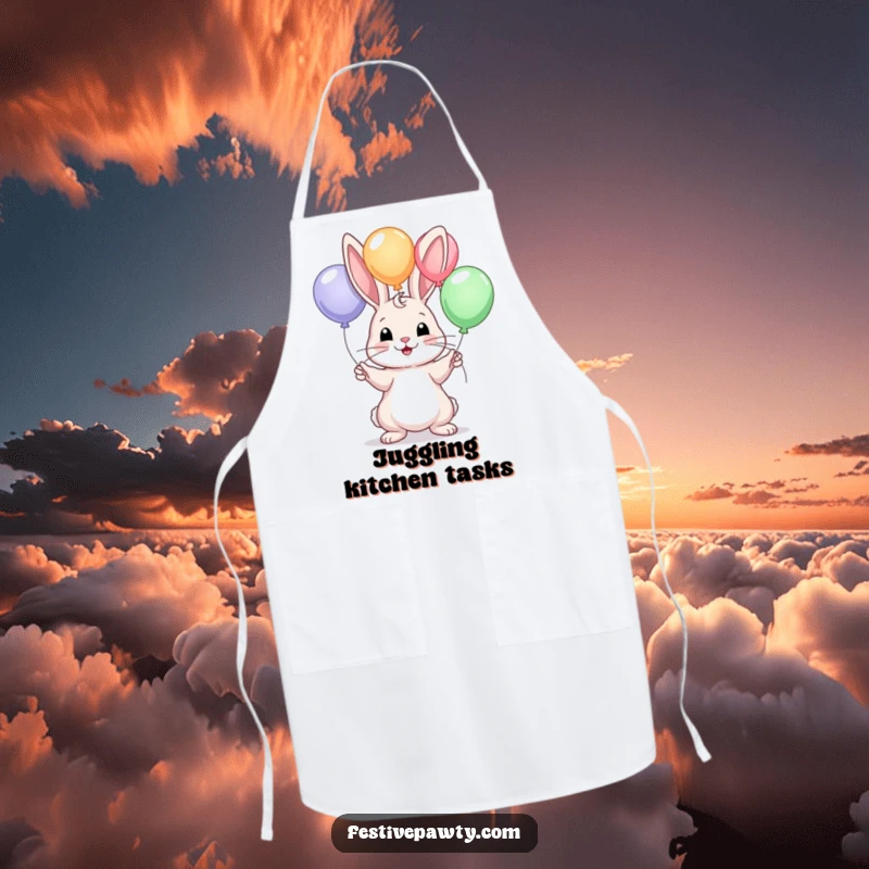 Funny apron with a whimsical rabbit juggling balloons, designed for chefs who love to entertain and cook with humor.