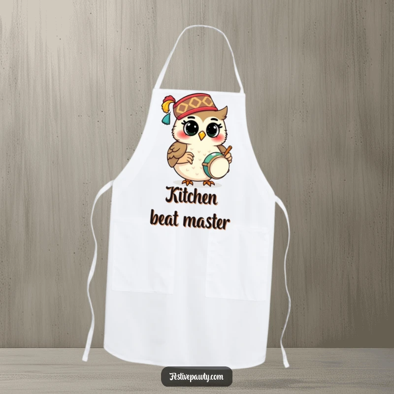 Funny Apron: A smiling owl character in a festive fez plays a tiny drum, adding musical fun to cooking.