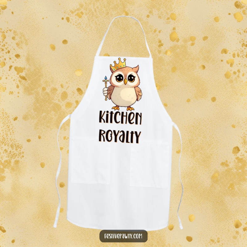 Funny Owl King Apron: A proud owl wears a tiny crown and holds a sparkling scepter, ready to oversee your cooking.