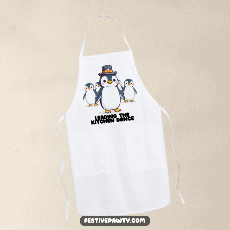 Funny Apron with a penguin in a top hat leading a conga line, perfect for chefs who love to cook and celebrate.