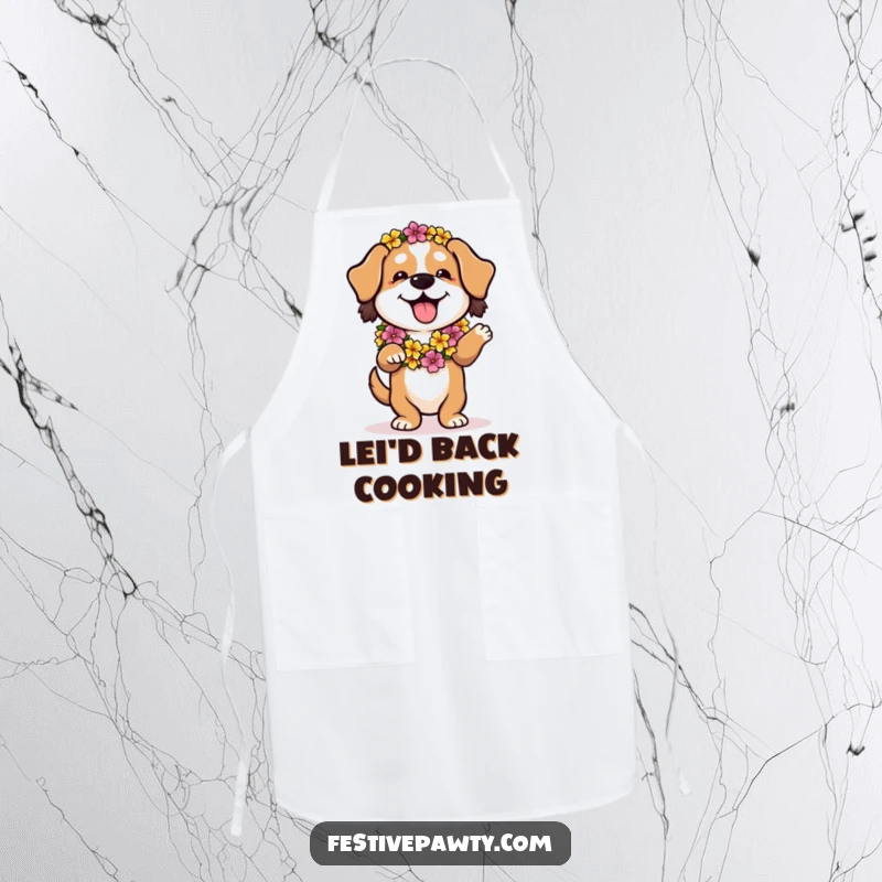 Funny apron featuring a playful dog wearing a flower lei, doing a relaxed hula dance, a fun kitchen gift.