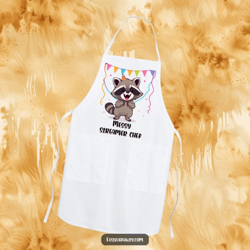 Funny Raccoon Apron: A humorous raccoon is depicted hilariously tangled in party streamers while cooking, a fun kitchen accessory.