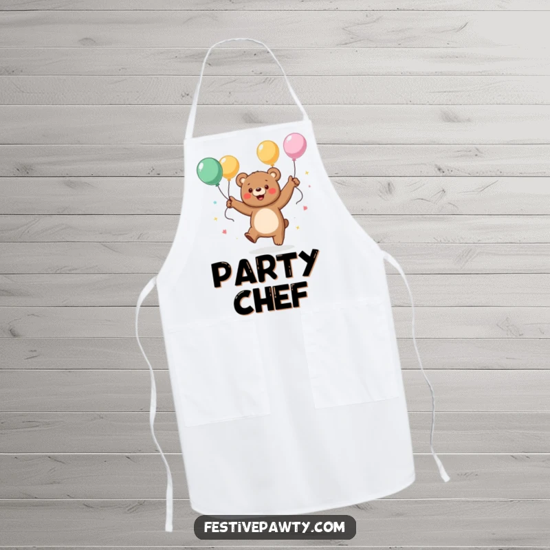Funny apron featuring a cheerful bear character dancing with streamers and balloons, ideal for kitchen parties and adding joy to cooking.