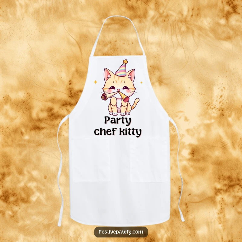 Funny cat apron featuring a chef character in a party hat blowing a party horn, perfect for festive kitchen celebrations.