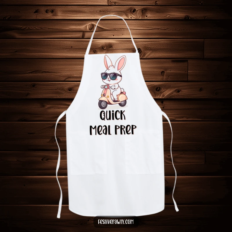 Funny Apron showcasing a cheerful bunny wearing sunglasses, riding a tiny scooter, adding a cool and fun element to cooking.