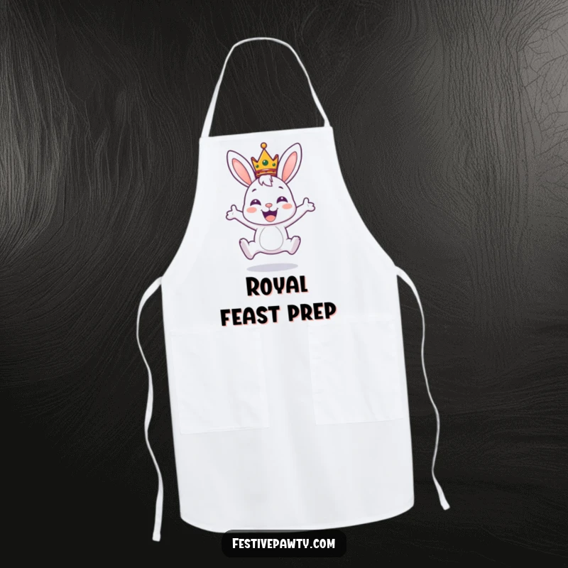 Funny apron with a joyful bunny character wearing a small crown, leaping excitedly, perfect for adding cheer to culinary tasks.