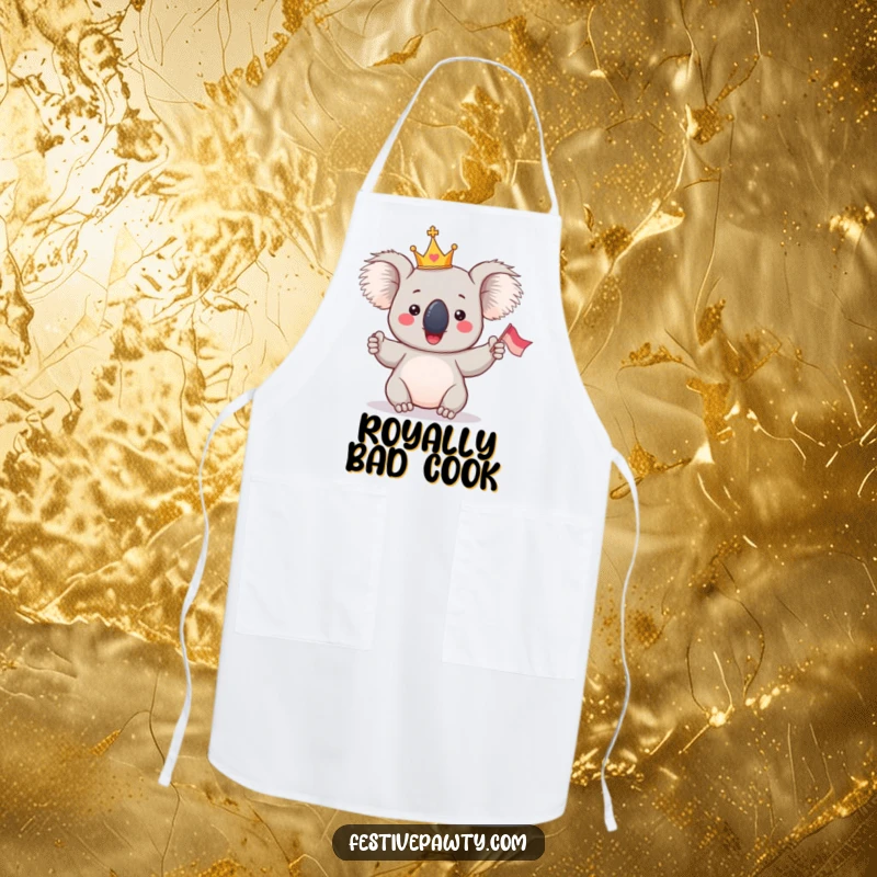 Funny Koala King Apron: A giddy koala wearing a tiny crown, enthusiastically waving a flag, bringing royal flair to cooking.