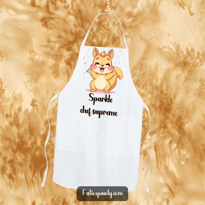 Funny Squirrel Apron: A cheerful squirrel is shown ecstatically tossing glitter while wearing a chef’s apron, adding fun to cooking.