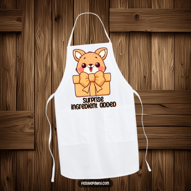 Funny cooking apron with a surprised animal character peeking from behind a giant gift bow, perfect for festive cooking.