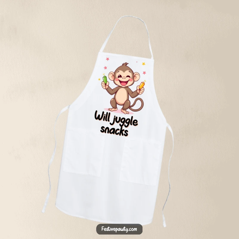 Funny Monkey Apron: A cheerful monkey juggling party poppers with hands and tail, adding a splash of fun to any cooking task.