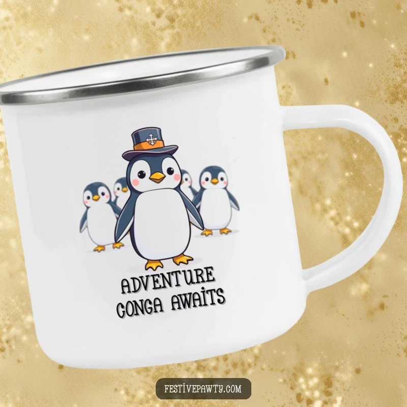 Funny Camping Mug featuring a penguin in a top hat leading a conga line, ideal for outdoor fun and laughter.