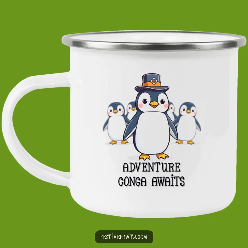 Funny Penguin Conga Line Camping Mug: A Dapper Bird Leads a Hilarious Celebration, Perfect Gift!