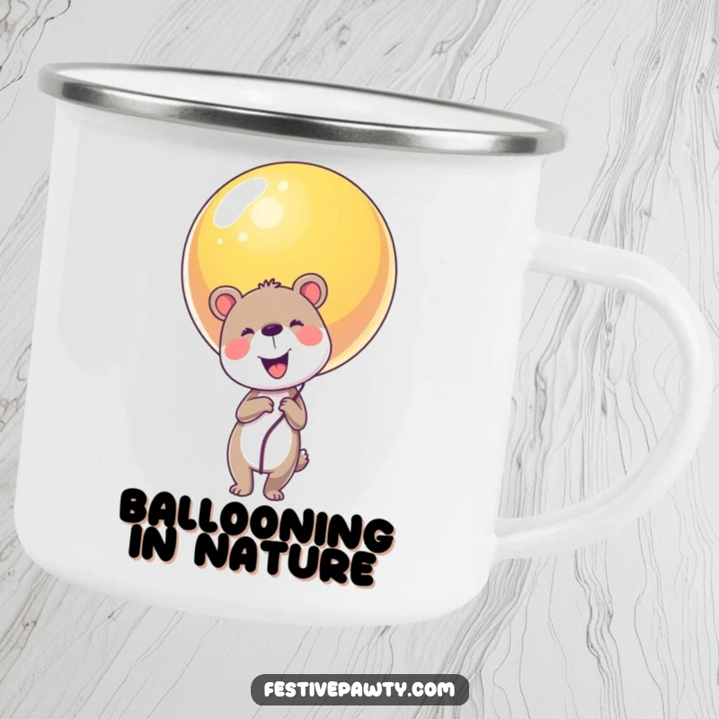 Funny animal character camping mug holding a large balloon, ideal for outdoor festivities.