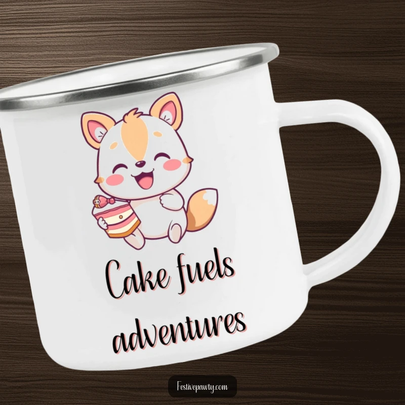 Funny camping mug with an enthusiastic animal character enjoying a slice of cake by a campfire, perfect for adventurers.