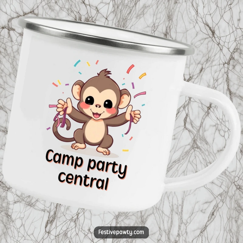 Funny Camping Mug: A playful monkey tosses streamers, perfect for outdoor adventures and a splash of humorous party delight.