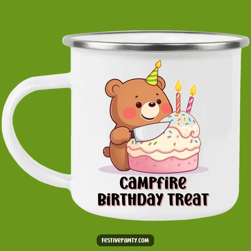 Funny Birthday Bear Camping Mug: Festive Cake Celebration Outdoors