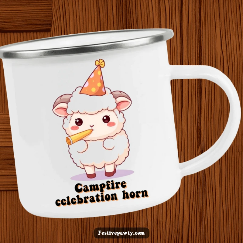 Funny sheep camping mug with a character in a party hat blowing a horn, designed for festive outdoor adventures.