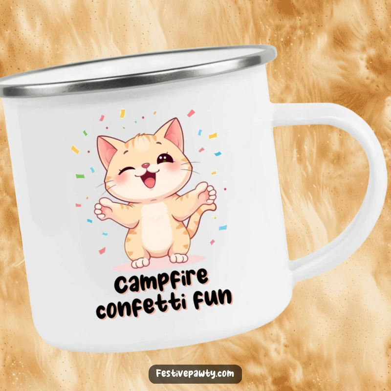 Funny cat juggling confetti on a sturdy camping mug, combining outdoor practicality with humorous playfulness.