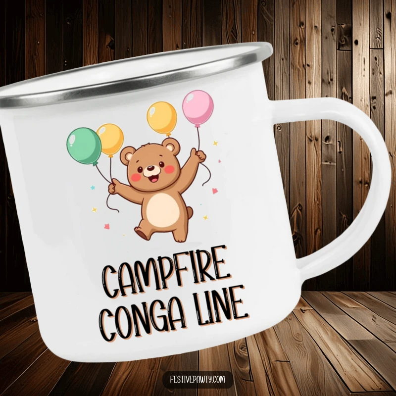 Funny camping mug with a dancing bear character, streamers, and balloons, embodying the spirit of a joyful outdoor party.
