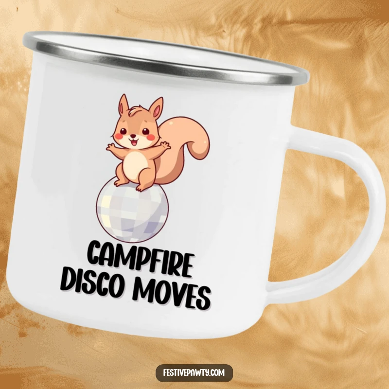 Funny Camping Mug: A playful squirrel character dancing on a disco ball, ideal for outdoor festivities.