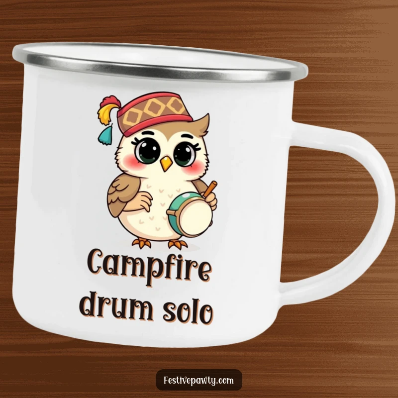 Funny Camping Mug: A smiling owl in a fez plays a tiny drum, ready for outdoor jams and campfire songs.